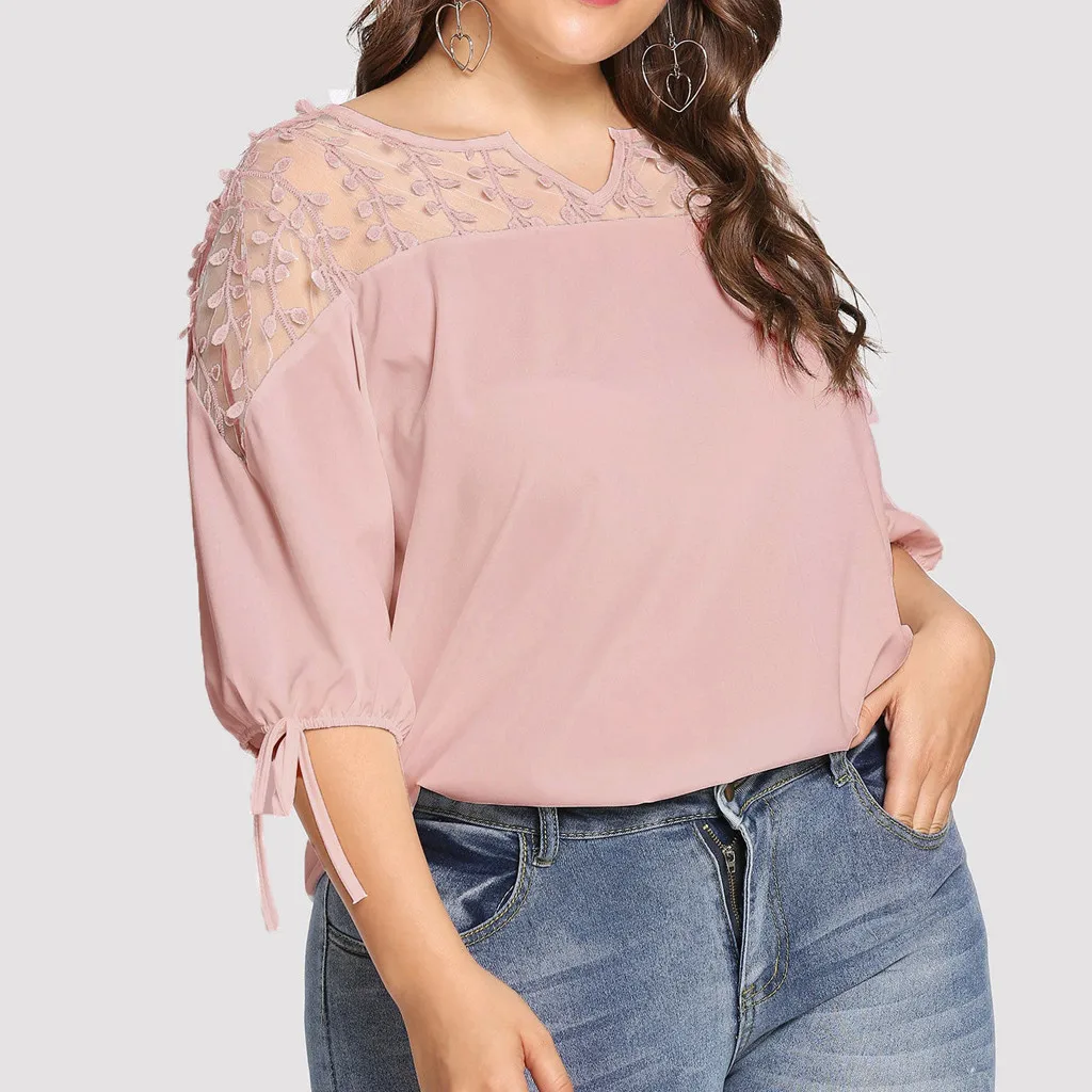 

Plus Size Summer Fashion Casual Chiffon Tops Bow Blouse Mesh Tee Top Female
