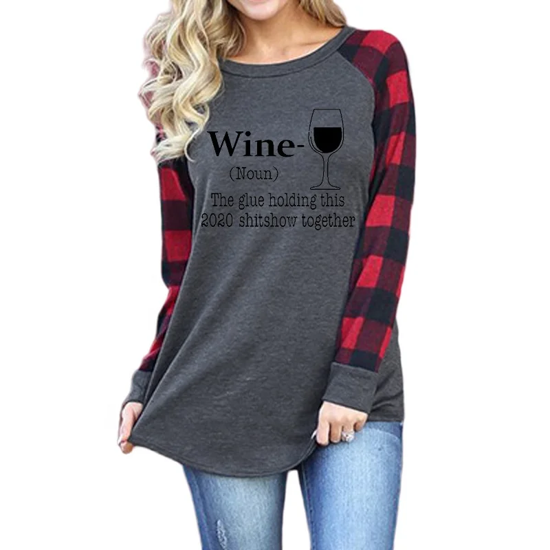 

Christmas hat red wine glass print round neck long sleeve T-shirt