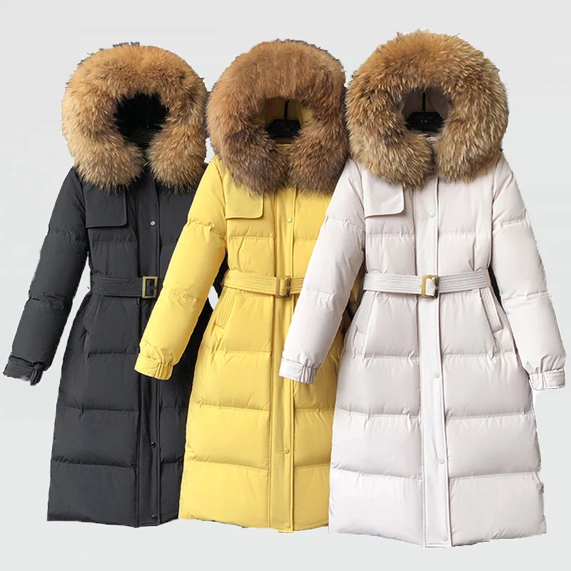 

2020 High End Women Hooded Big Natural Raccoon Fox Fur Collar White Duck Down Long Puffer Jacket With Belt