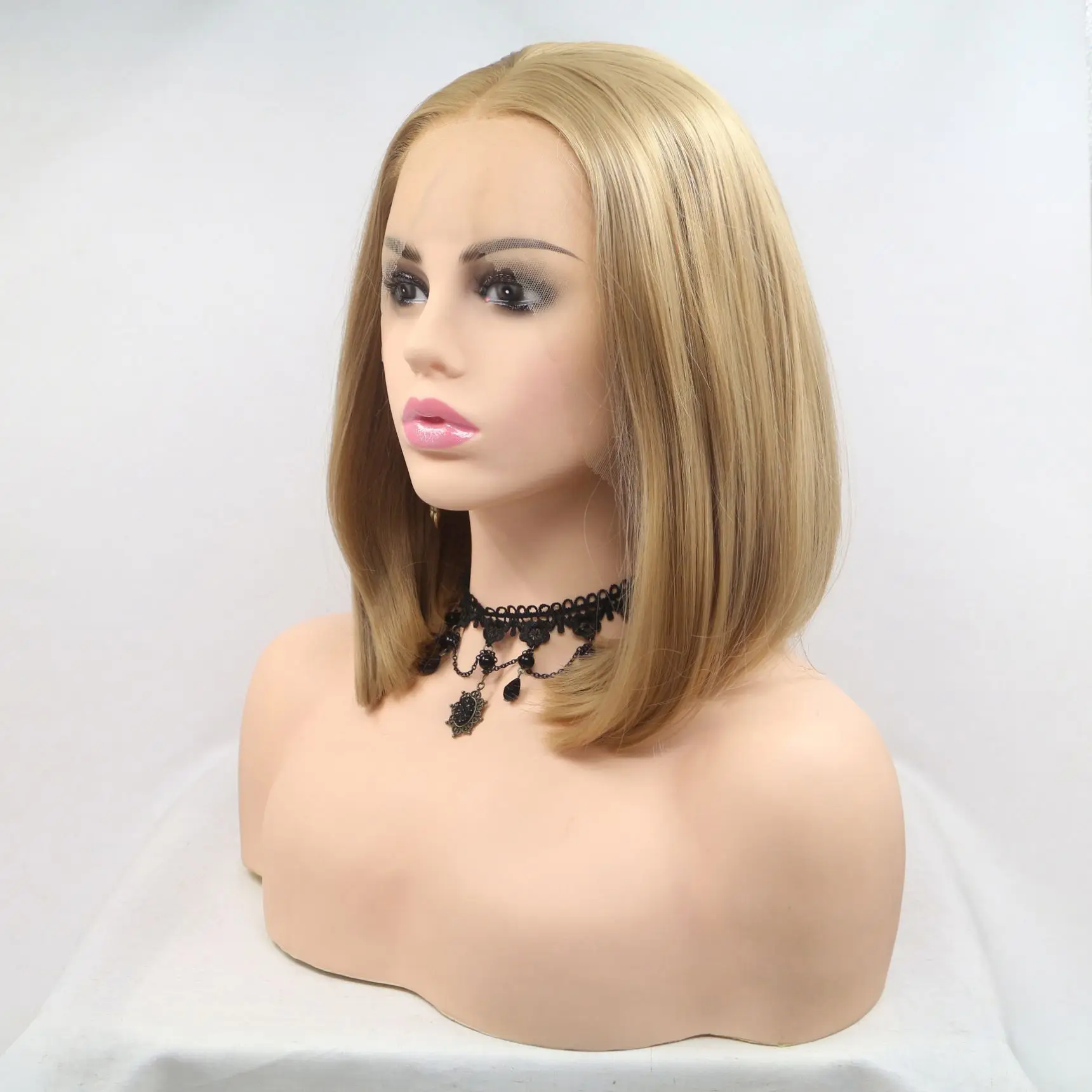 

Fashion Human Hair Middle Blonde Short Hair Men Women Sale Hair Extensions Lace Frontal Wig Natural Double Drawn, Gold