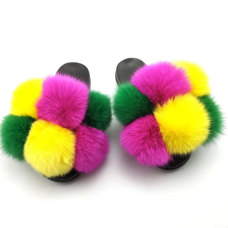 

Fashion Design Women Fox Fur Slippers Summer Women Fur Ladies Colorful Fur Slides Slippers, As picture