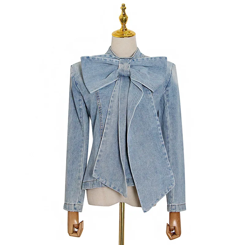 

Fashion Women 2020 Patchwork Bow Denim Jacket Lady Stand Collar Long Sleeve Coat Fall Ruched Jackets, Picture