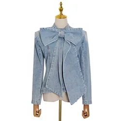 Fashion Women 2020 Patchwork Bow Denim Jacket Lady Stand Collar Long Sleeve Coat Fall Ruched Jackets