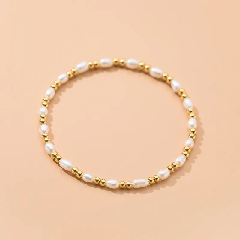 

Genuine 925 Silver Elastic Golden Round Beads Bracelets Handmade Charm Natural Baroque Freshwater Pearl Bracelets