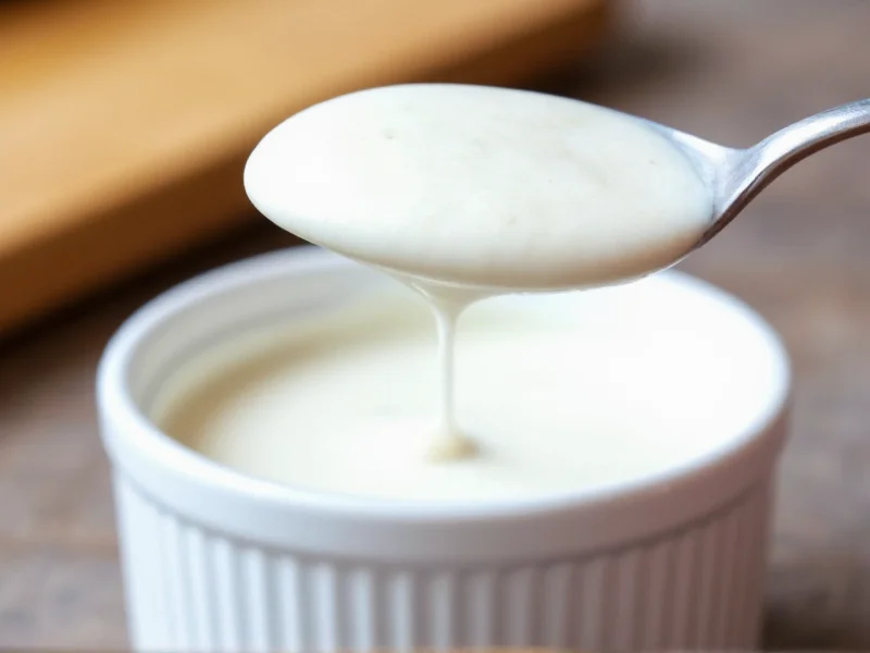 Smooth white sauce coating the back of a spoon