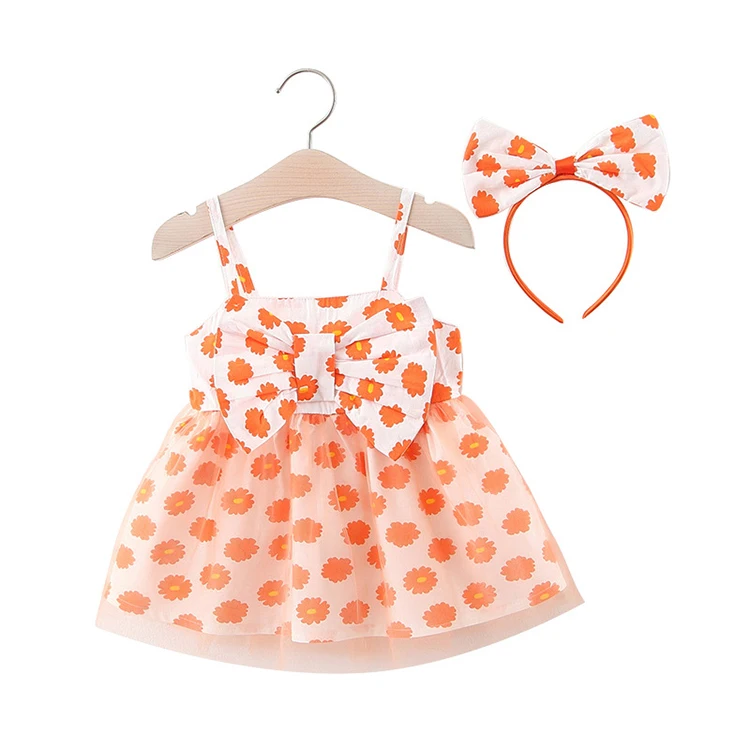 

Fashion Summer Prints Baby Dress Cool Girls Casual Dress Summer Beach Baby Dress with Headband, Orange/pink/green