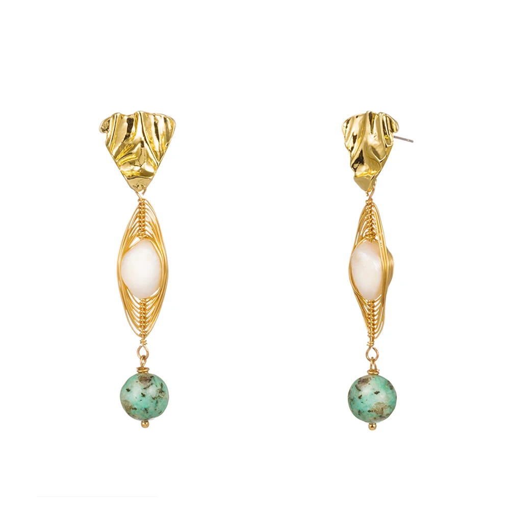 

Natural Green Round Beaded eardrop Freshwater Pearl Alloy Triangle Stud Earrings Jewelry