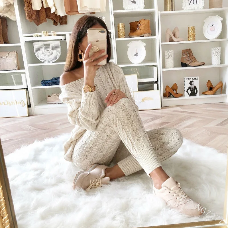 

2020 fall winter 2 piece knit set multiple colors sweater suit sweater sets women, Picture