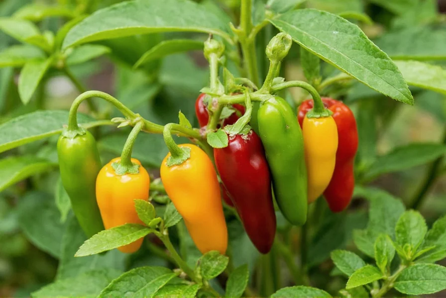 Chinese 5 Color Pepper plant showing multiple color stages on single plant in garden setting