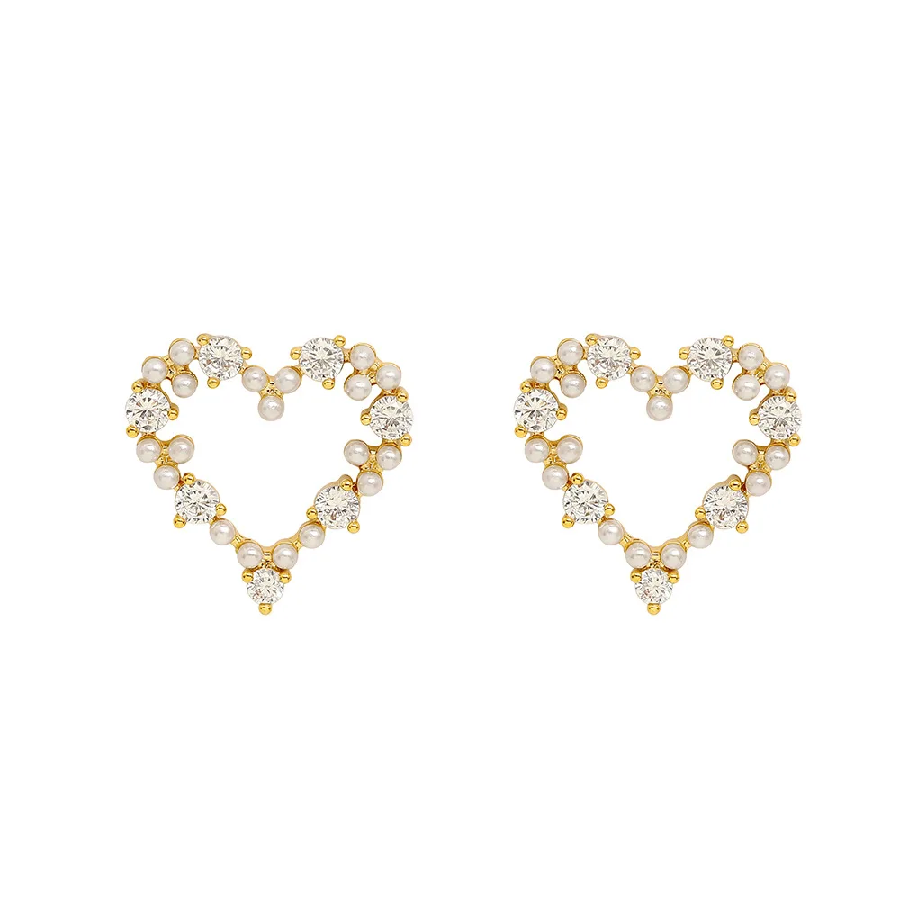 

Dr. Jewelry 2022 New Classic 925 Silver Needle 14K Gold Plated Diamond Paved Imitation Pearl Big Heart Earrings, Customized color