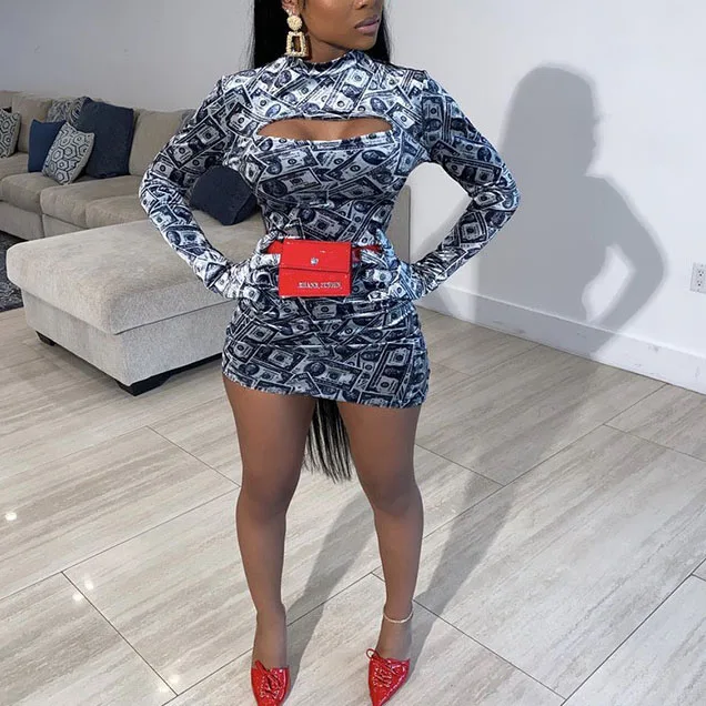 

X00416S 2020 hot style women's dresses with dollar print plus-size sexy nightclub dresses, Picture