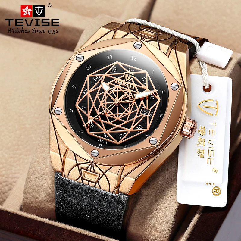 

Trendy 2020 Brown Leather Watch Geometic Design Quartz Movement Wristwatch, 2 colors