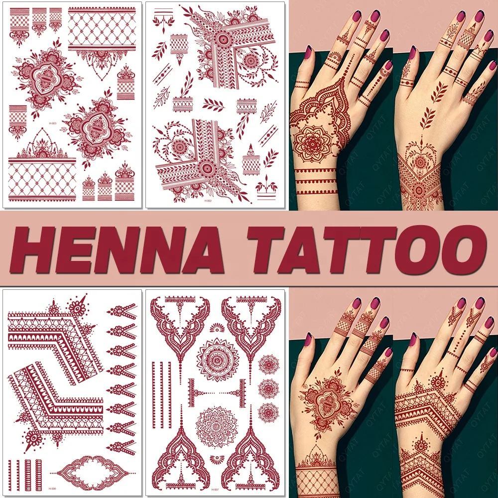 

Fake Full Hand Fingers Water Proof Brown Maroon Red Henna Tattoo Stickers Temporary For Girls Women