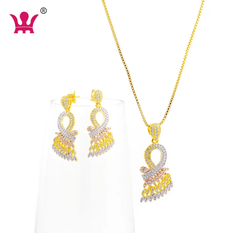 

wmjys0033 Wholesale High Quality Luxury CZ Stone Studded Necklace Earrings Set For Girls, White stone with three colours platium plated