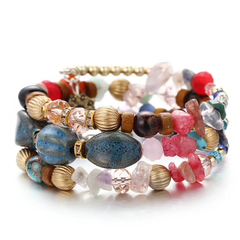 

Bohemian Multilayer Beads Crystal Charms Bracelets For Women Ethnic Natural Stone Elastic Bracelets Bangles (KB8249), As picture