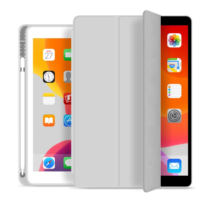 

Fashionable trifold stand auto sleep/awake TPU back cover case for iPad 10.2 2019 tablet case with pencil holder, 10 kinds of color available in stock
