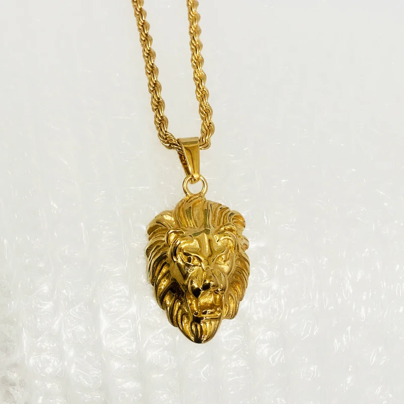 

Top selling gold lion necklace hips hops animal jewelry stainless steel lion head pendant men's lion pendant with rope chain