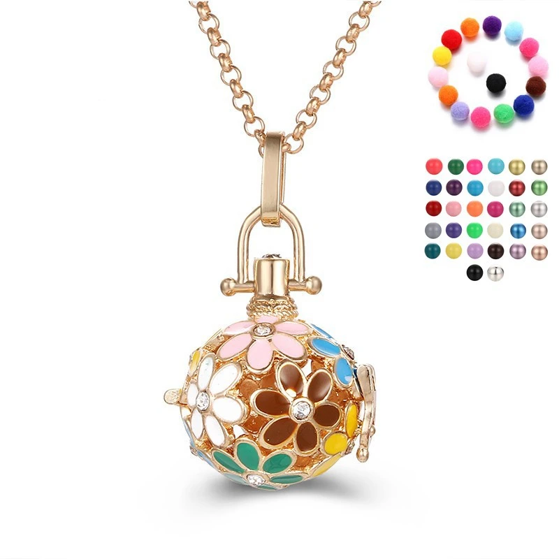 

Enamel Flower Mexico Harmony Chime Music Angel Ball Caller Locket Necklace Essential Oil Aromatherapy Diffuser necklace