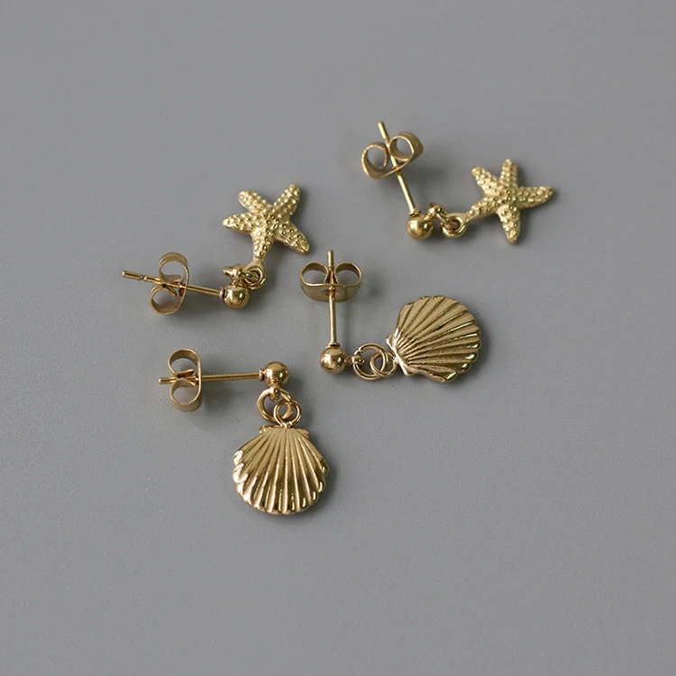 

Ocean style starfish earring sea shells stainless steel 14K gold plated light gold summer earrings 2021 for girls holiday gift, Optional as picture,or customized