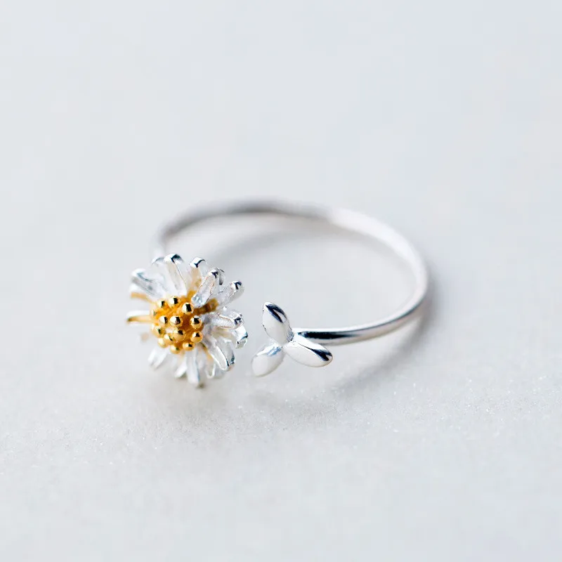 

Simple Design 925 Sterling Silver Flower  Rings Split Ring S925 Sterling Silver Daisy Leaves Open Rings For Girls, Picture