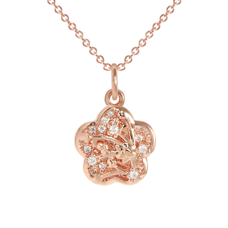 

Luxury Crystal Jewelry S925 Sterling Silver Flower Pendant Necklace Bling Rose Gold CZ Zirconia Flower Necklace For Women