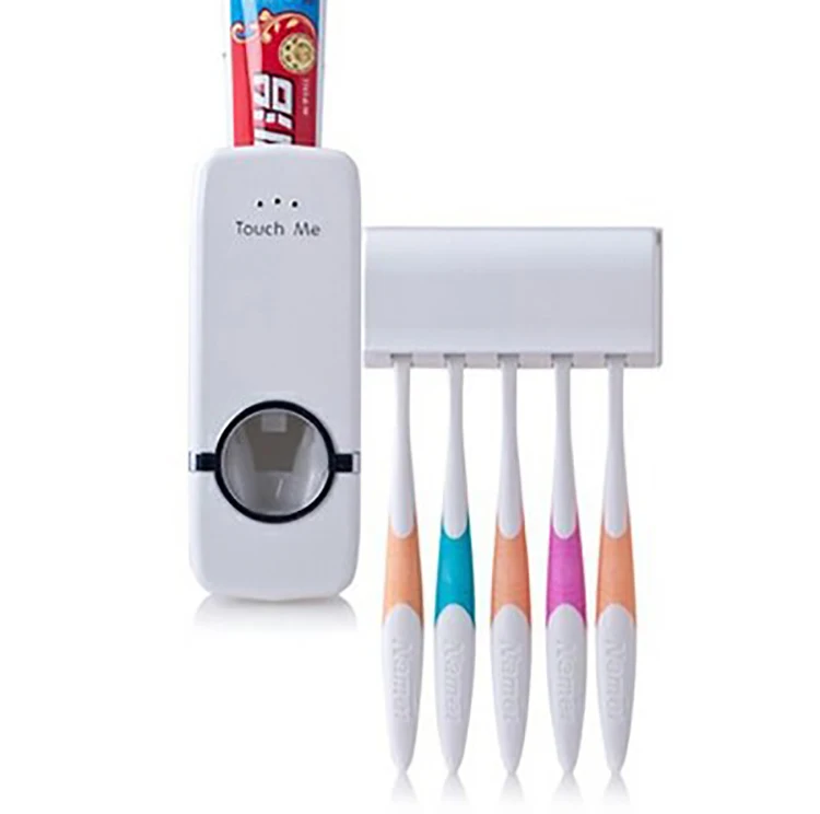 

Wall Mount Bathroom Plastic Automatic Tooth Paste Squeezer Toothpaste Tube Dispenser with 5 Toothbrush Holder Set