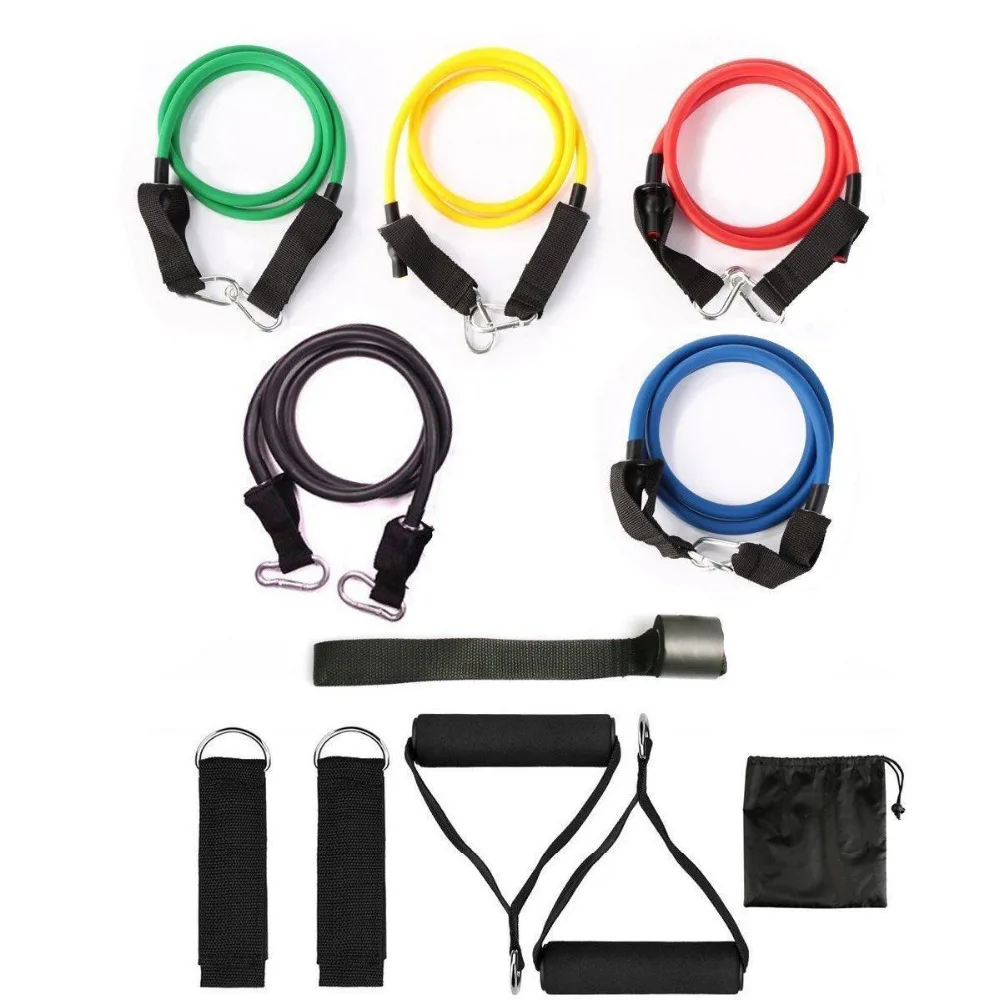 

Fitness 11 pcs resistance loop band set with handles and latex tube, Yellow,green,red,blue,black etc