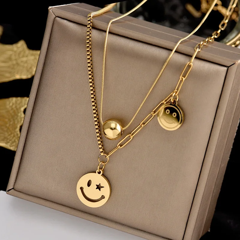

Titanium steel gold necklace women light luxury double-layer smiley face clavicle chain a two-wear birthday Christmas gift