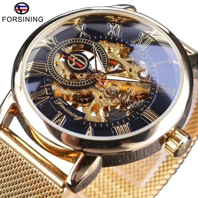 Forsining New Top New Luxury Fashion Gold Stainless Steel Street Series Open Work Skeleton Men Mechanical Wristwatch