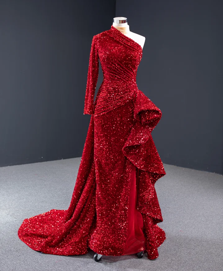 

New Trends Elegant Formal Dress One Shoulder Design Wine Red Sequin Trumpet Mermaid Evening Dresses 2020, As picture or your request