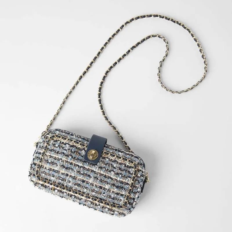 

Summer New Female Bag Blue Stitching Tweed Chain Bag Small Square