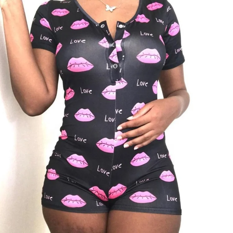 

9026 Wholesale Sexy Printed Women Onesie Adult Pajamas Short Sleeve Onesie Sleepwear, 31 colors: 1#-31#
