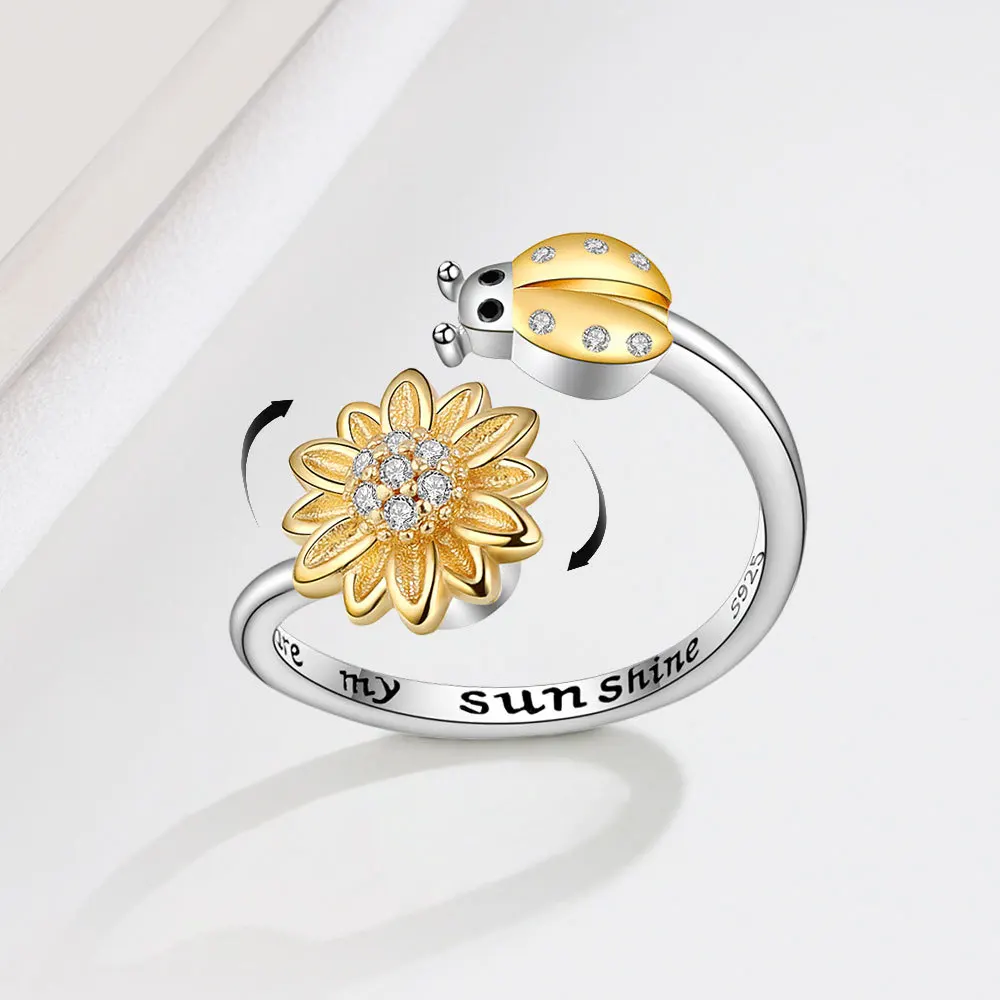 

You Are My Sunshine Rotating Ring Anxiety Relief Open Adjustable Decompressed Zircon Flower Spinner Ring