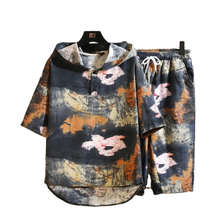 

Summer new personalized print men jogger set 2021 hot selling high quality sport set men fashion hooded men short set