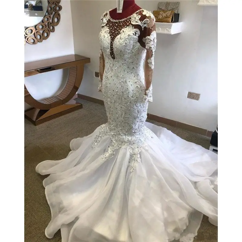 

Newest Design Mermaid Wedding Dresses Crystals Beading Lace Bridal Gowns Long Sleeves Bride Dress, Custom made