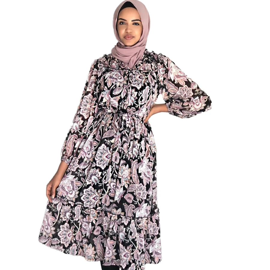 

MOTIVE FORCE islamic dress turkey Long-sleeve loose-knee-waist with laces to show waist flower printing dubai abaya muslim dress, Picture