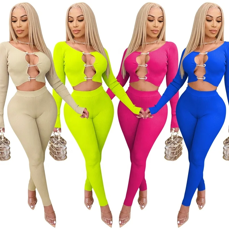 

Hot Sale Hook Crop Top Sexy Spring Two Piece Set Women Clothing