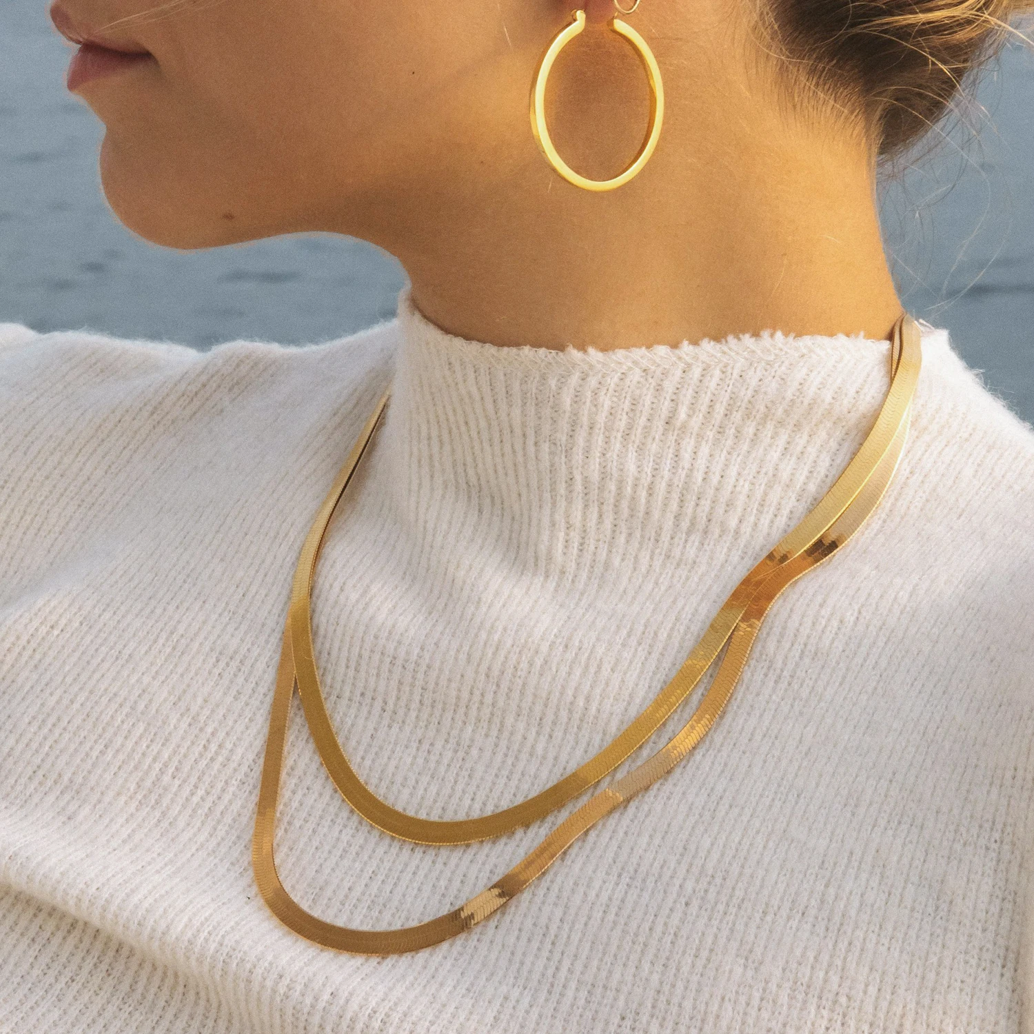 

High Polish 18k Gold Plated Stainless Steel Flat Herringbone Chain Necklace Snake Chain Necklace With Lobster Clasp Jewelry