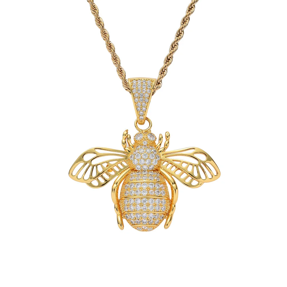 

New Style Jewelry Rhinestone Cute Necklaces All-match Fashion Mens Hip Hop Diamond Bee Pendant Necklace, Gold/ silver