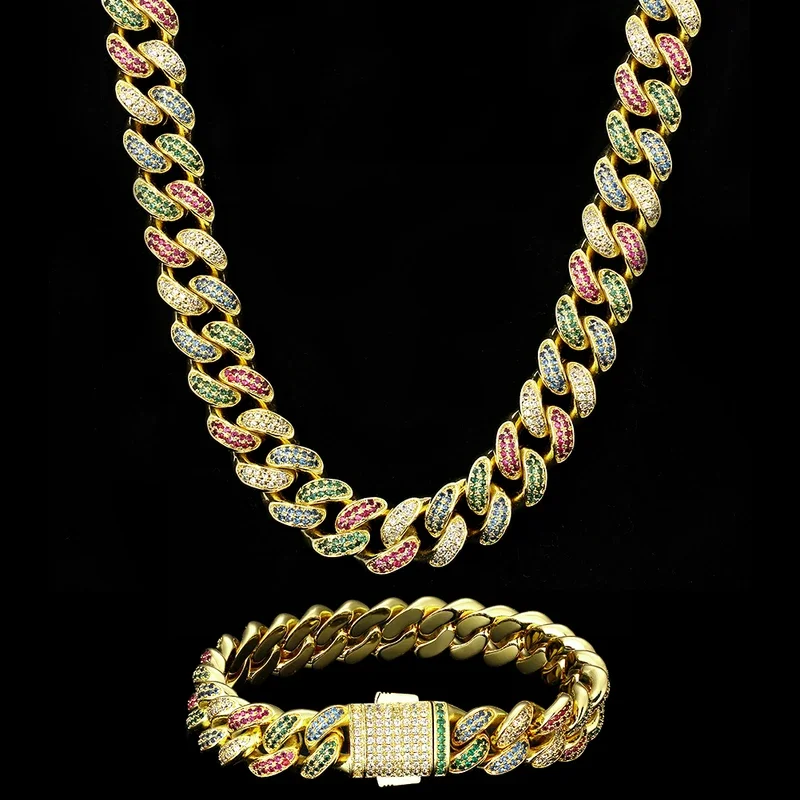 

KRKC Drop Shipping 1pcs Service 12mm 14k Gold Plated Multi Color 5A CZ Diamond Iced Out Hip Hop Jewelry Cuban Link Chain