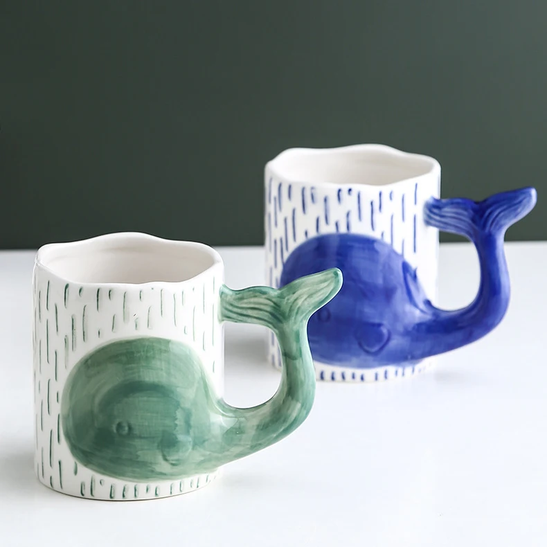 

Lovely Dolphin Ceramic Mug Hand Printed Animal Coffee Mug, Blue, green