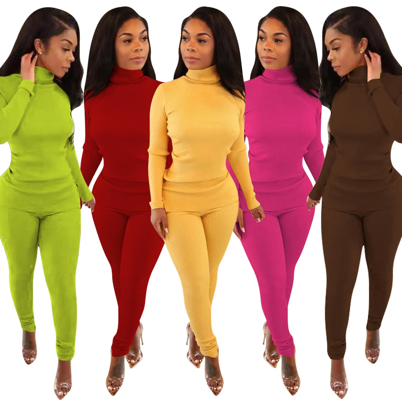 

2022 New Arrivals Solid Turtleneck Split Top 2 Piece Set Adobe Creative Suite Winter Two Piece Jogging Suit, Photo color