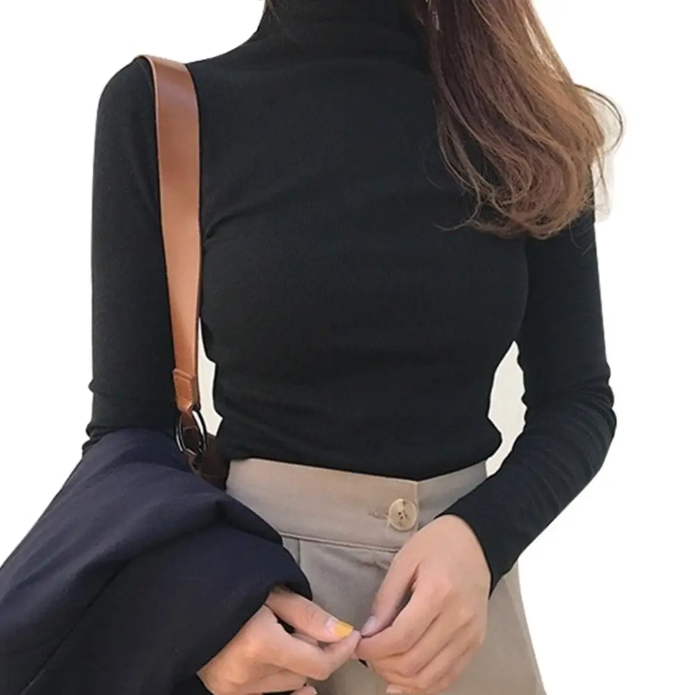 

High quality women long sleeve high neck t shirt polyester spandex knitted T-shirt female casual solid color t shirt