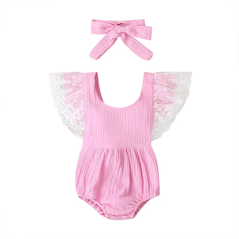 

Cute Lace Short Sleeve With Bow Tie Headdress Baby Clothes Girl Rompers, Pink yellow