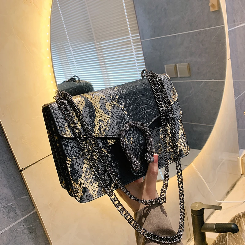

2021 hot sale ladies shoulder bag handbag snake skin pu leather messenger bag wallet with chain, 5color