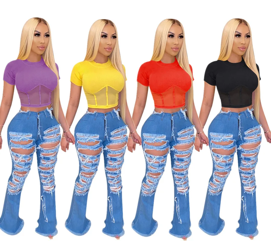 

2021Printing Fashionable Loose Hollow Out Sexy Women T Shirt Tops