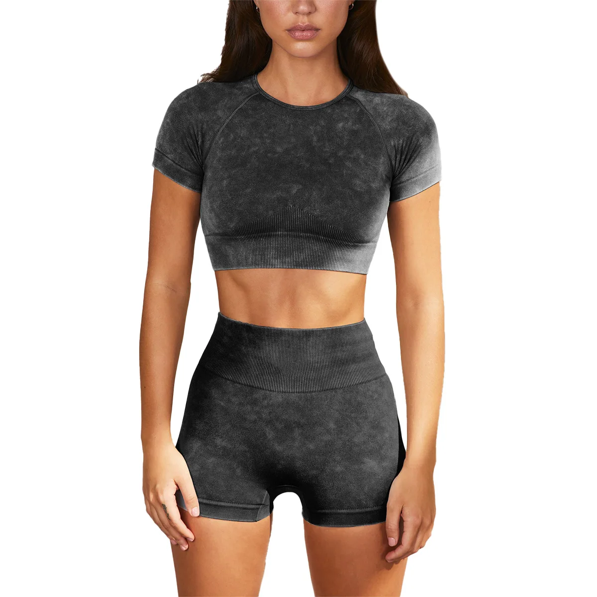 

2021 Denim Seamless Knitted Yoga Wear Double Zipper Long Sleeve Sports Fitness 5 piece Suit, Customized colors