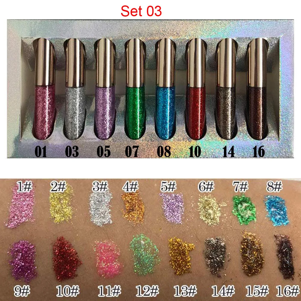 

Waterproof sweatproof long lasting 16 colors optional colors with 8 pcs/box glitter liquid eyeliner set