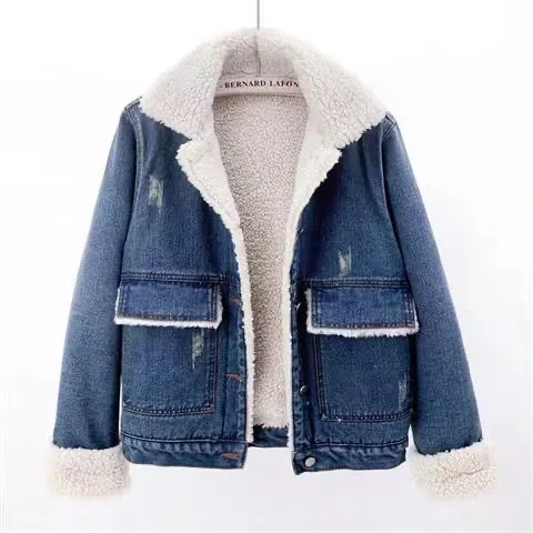 

New arrival winter warm womens wool overcoat high quality fur collar casual fleece sherpa denim jean jacket, Can be customized