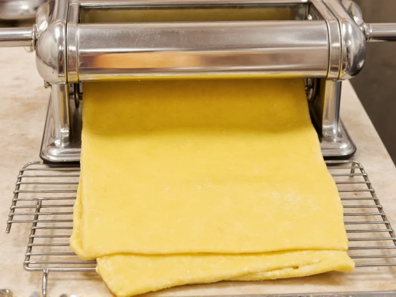 Pasta maker rolling thin golden dough sheet onto drying rack
